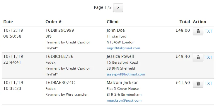 Example of orders from the backoffice TOWeb backoffice example