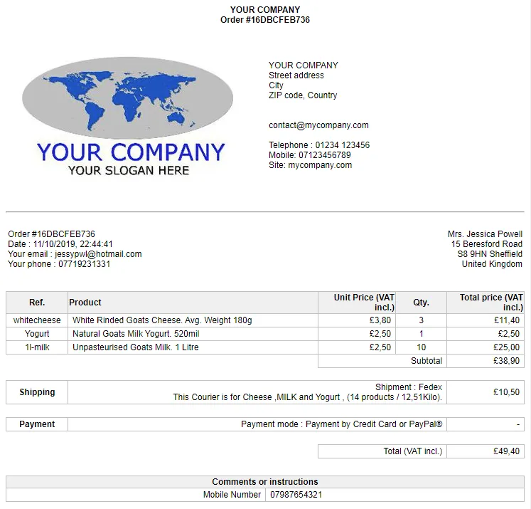 Example of an order from the backoffice TOWeb backoffice order example