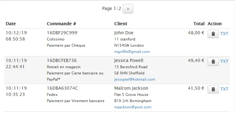 Exemple de commandes dans le backoffice Exemple de page Backoffice