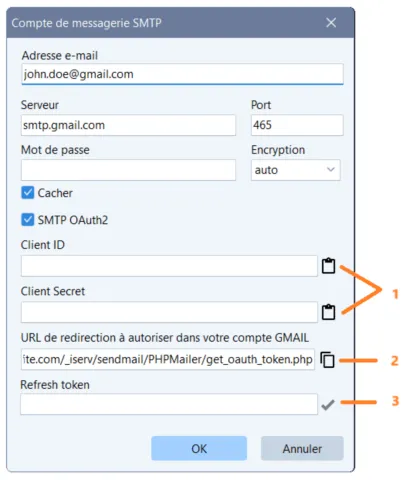 configuration SMTP OAUTH2 GMAIL dans TOWeb