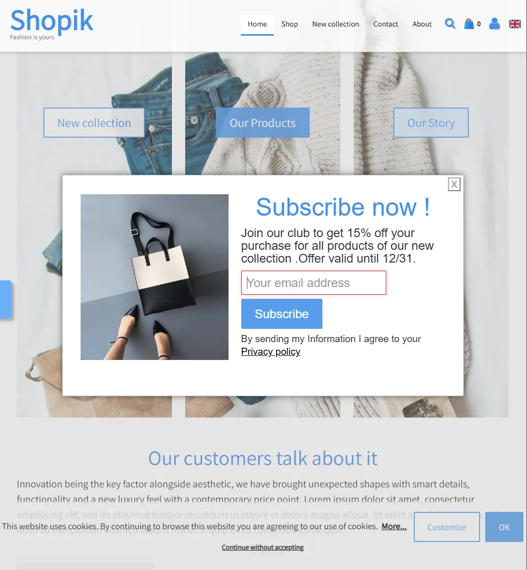 Le modèle de site Shopik et sa fenêtre d’inscription à la lettre d’information
