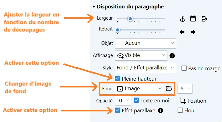 Réglages du paragraphe dans TOWeb pour l’effet d’image découpée : fond image, pleine hauteur et effet parallaxe