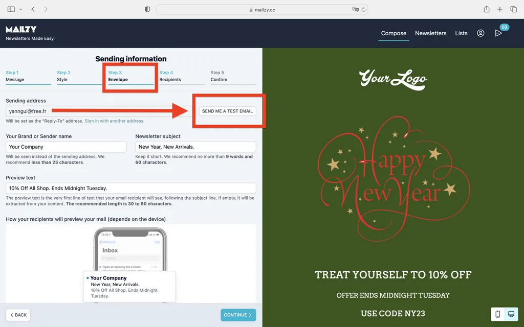 Mailzy newsletter sender configuration screen