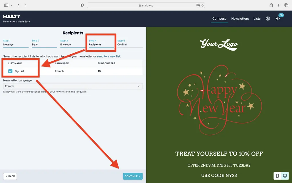 Screen for selecting recipients of a Mailzy newsletter